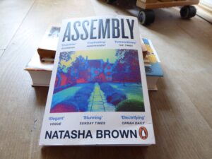 Ein Stapel Taschenbücehr auf dem Fußboden, zuobers liegt "Assembly" von Natasha Brown.