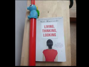 Das Cover von Hustvedts Essayband "Living, Thinking, Lokking" neben einer Kinderwasserspritze mit Drachenfischkopf.