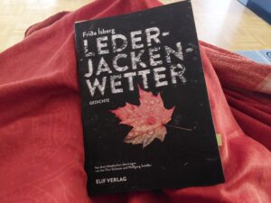 Das schwarze Cover von Frída Ísbergs Gedichtband "Lederjackenwetter" auf einer roten Decke