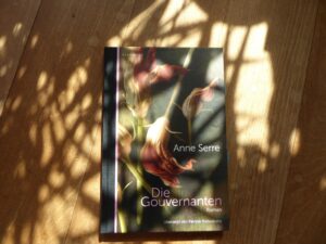 Das Cover von Anne Serres Roman "Die Gouvernanten" im Schatten von Blumen auf einem Holzfußboden