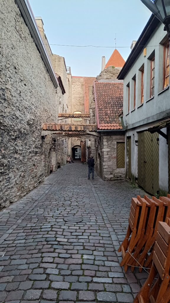 Der Katharinengang in Tallinn, eine besondesr berühmte schmale Gasse in der Altstadt, zieht den Blick ins Bild hinein. Links verläuft eine MAuer, rechts scheint ein Lokal, jedenfalls sethen hier zusammengefaltete Stühle. Weiter im Bildhintergrund überspannen "Zeierdächer" den Gang.