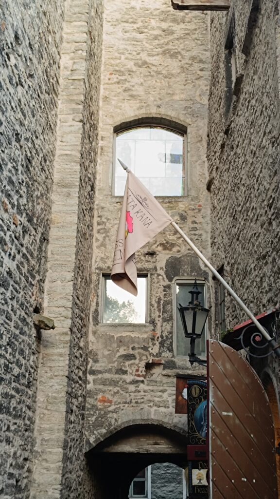 Über dem Tor des Katharinengangs ein turmartiges Gebäude mit schmalen Fensern. Rechts die offene Holztür einer alten Schenke, über der eine schlappe Fahne hängt, daneben eine altertümliche, schwarze Straßenlaterne