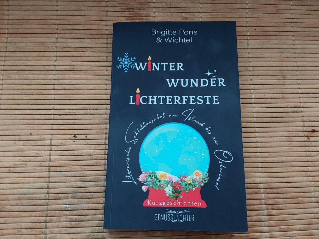 Das Cover ist dunkelblau. Die "i" in "Winter Wunder Lichterfeste" sind rote Kerzen mit gelben Flammen. Eissterne prangen. Unter dem Titel ist eine stilisierte, hellblaue Schneekugel mit Blumen zu sehen. Im roten Fuß der Schneekugel steht "Kurzgeschichten", um die Kugel herum ist in Schreibschrift zu lesen "Literarische Schlittenfahrt von Island bis zu den Osterinseln". "Brigitte Pons & Wichtel" ist die Autorenangabe über dem Titel