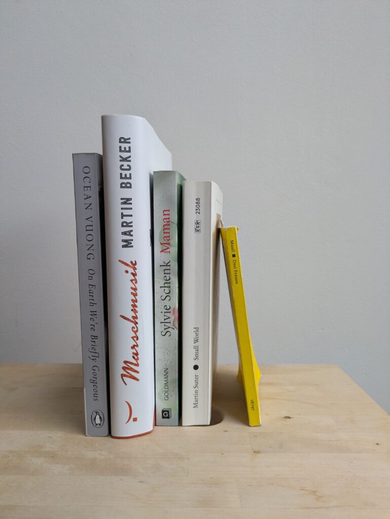 Vor einer weißen Wand stehen fünf Bücher auf einem hellen Holzbrett: "On Earth We're Briefly Gorgeous" von Ocean Vuong, "Marschmusik" von Martin Beker, "Maman" von Sylvie Schenk, "Small World" von Martin Suter und "Drei Frauen" von Robert Musil"
