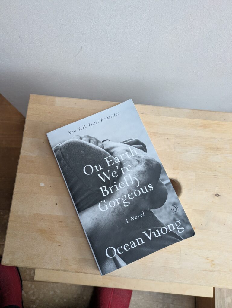 Das Cover der Taschenbuchausgabe von Ocean Vuongs "On Earth we're Briefly Gorgeous" ist eine schwarz-weiße Nahaufnahme einer Umarmung, auf der eine Schulter, verschlungene Arme und Hände zu sehen, die Personen aber nicht zu identifizieren sind. Man kann nur vermuten, dass sich hier zwei junge Männer mit verzweifelter Intensität aneinander festhalten.