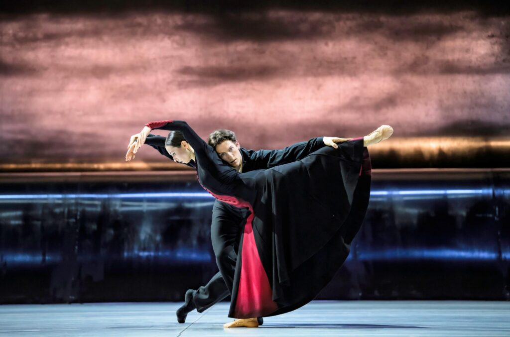 Eine Tänzerin in einem schwarzen langen Kleid mit einem breiten roten Streifen in der Mitte beugt sich auf einem Bein stehend zur Seite in eine geschwungene Standwaage, wobei ihre über dem Kopf halb rund gehaltenen Arme ihr fast etwas von einem Schwan geben. Ihr Partner steht in einer Art Plier, also mit gebeugten Knien, hinter ihr und hat seinen Kopf an ihren Rücken gelehnt. Sein einer Arm liegt auf ihrem hinteren, der andere an ihrem nach oben gestreckten bein. Sie schaut nach unten, er direkt nach vorn in die Kamera.