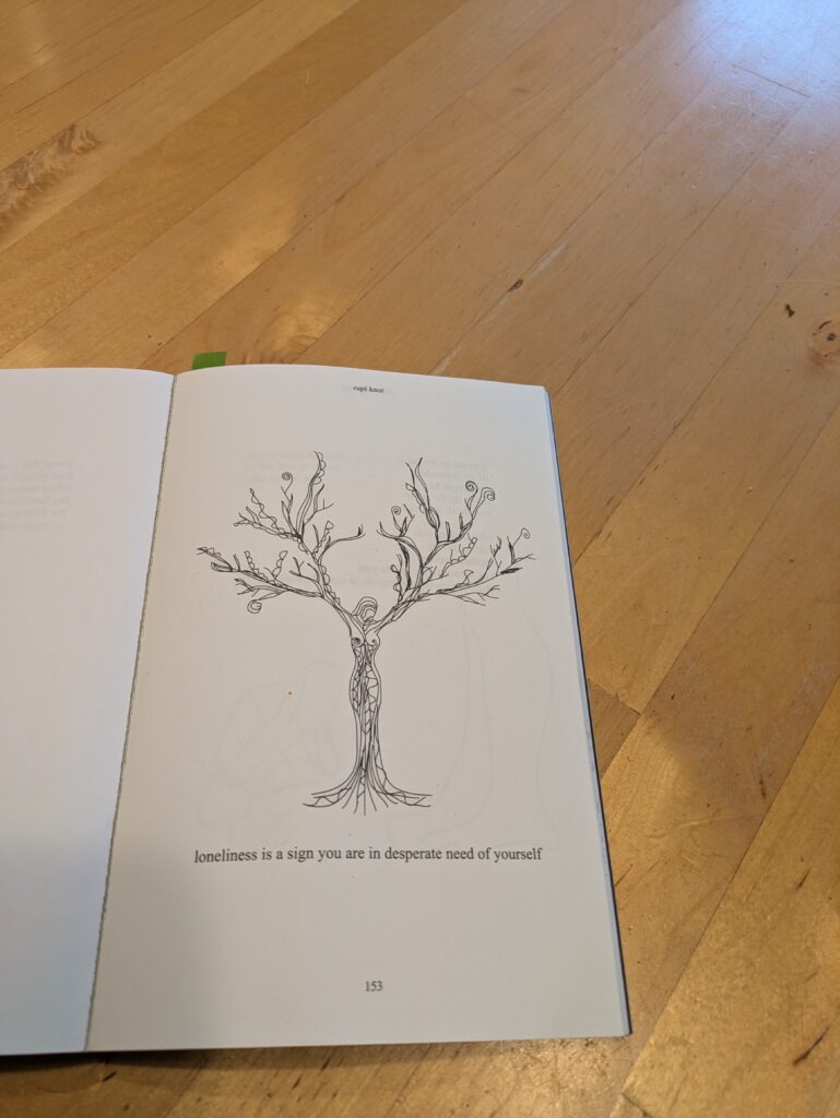 Das Buch ist so aufgeschlagen, dass der Blick auf die hell erleuchtete rechte Seite (S. 153) fällt. Sie zeigt die Zeichnung einer Frau, die im Boden wurzelt wie ein Baum und deren nach oben ausgestreckte Arme zu Ästen werden. Darunter steht: loneliness is a sign you are in desperate need of yourself